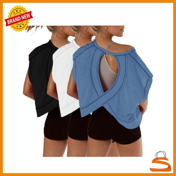 3 Pack Open Back Crop Tops - Athletic Workout Yoga Tees - Short Sleeve